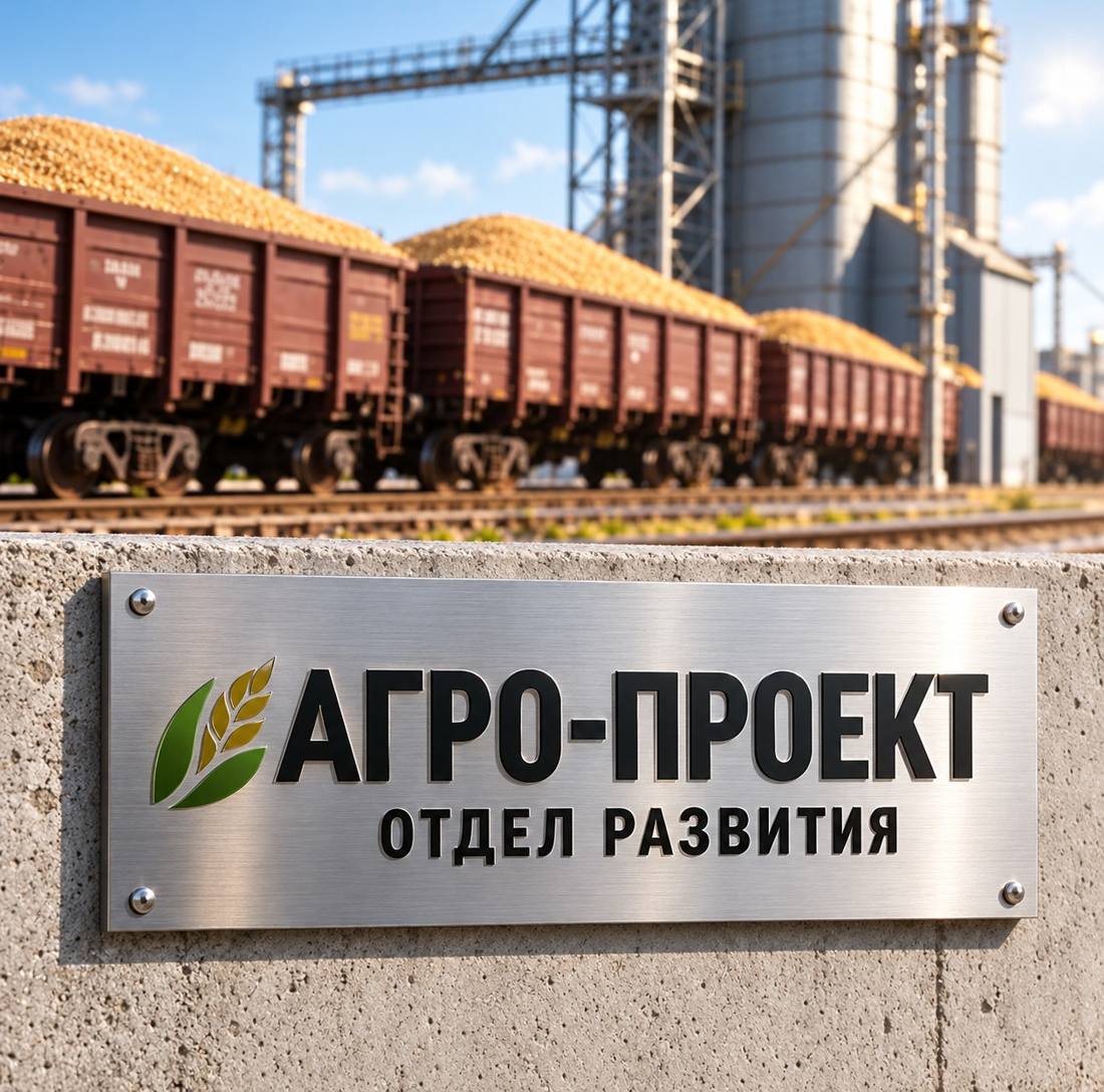 Хопперы с зерном у элеватора и табличка «Агро-проект. Отдел развития»